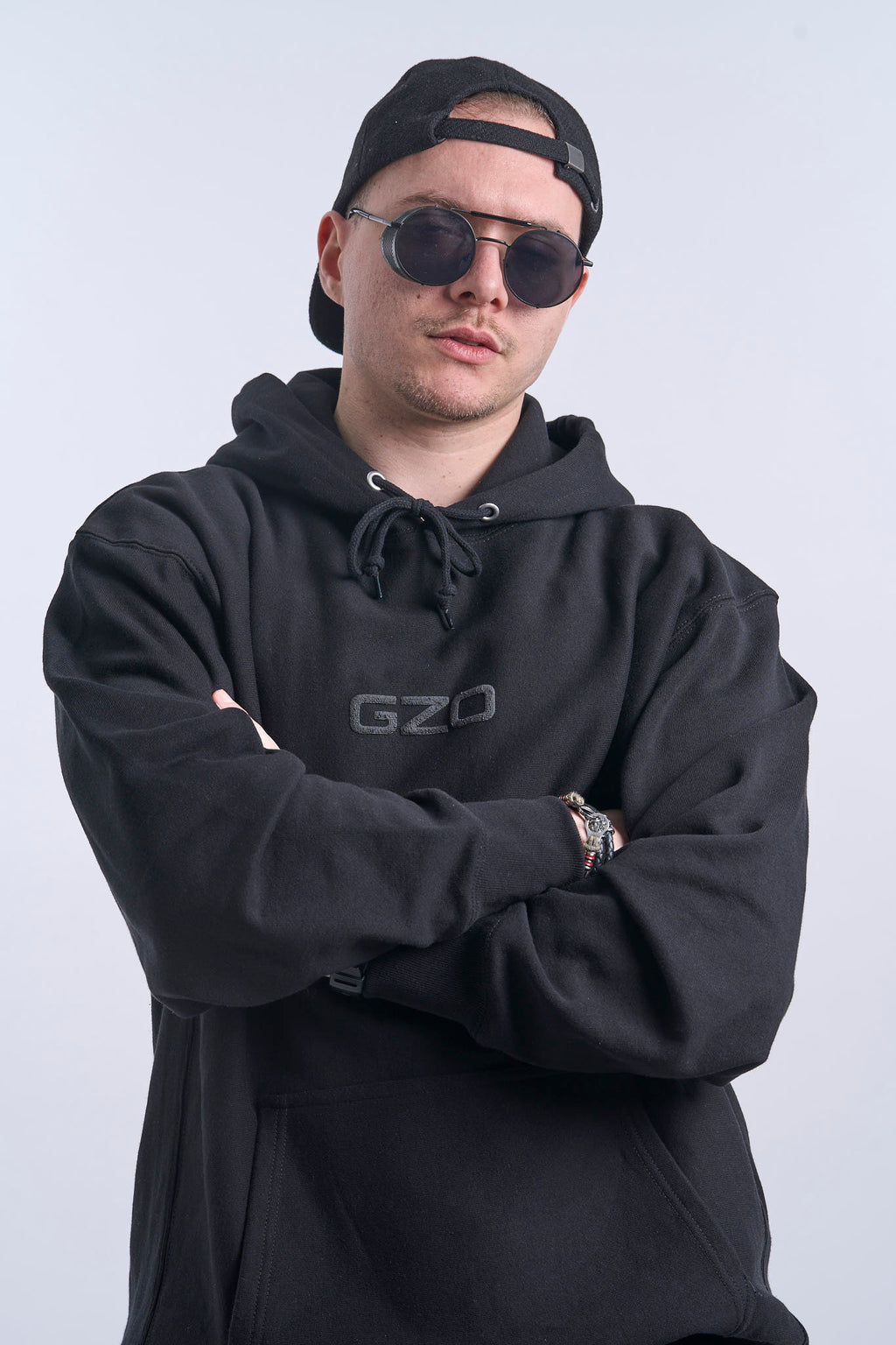 GZO Hoodie — front, tonal chest embroidery